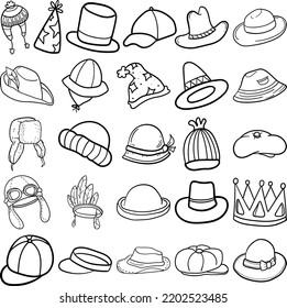 Hats Hand Drawn Doodle Line Art Outline Set Containing Hat, Cap, Fedora, Trilby, Panama, Bowler, Snapback, Dad, Newsboy, Flat Cap, Beanie, Bucket Hat, Baseball Cap, Trapper Hat, Boater, Pork Pie, 