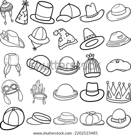 Hats Hand Drawn Doodle Line Art Outline Set Containing Hat, Cap, Fedora, Trilby, Panama, Bowler, Snapback, Dad, Newsboy, Flat Cap, Beanie, Bucket Hat, Baseball Cap, Trapper Hat, Boater, Pork Pie, 