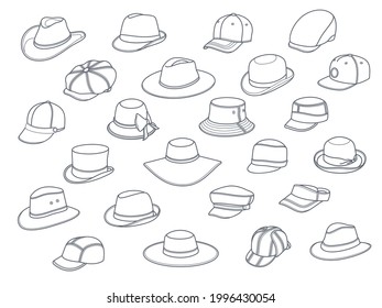 Hats and headgear icon set. Vector collection of man and woman hats. Summer accessories, male and female headwear