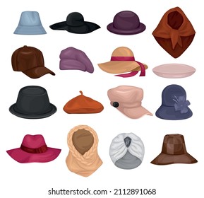 Hats headgear set with isolated icons of colorful fabric hats and clothe scarfs on blank background vector illustration