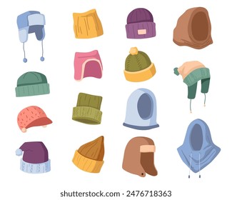 Hats and headgear for winter and autumn, cold seasons. Vector flat cartoon, isolated warm clothes collection for men and women. Stylish and fashionable modern clothing elements for warmth