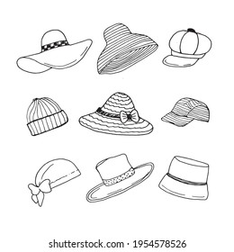 Hats and headgears. Stylish summer male and female headwear, vintage classic and modern hats. Vector illustration in doodle style, brando hat, sun hat, floppy hat, safari hat, bucket, beanie