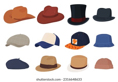 Sombreros y paños de cabeza. Sombreros elegantes y bonitos para los hombres. Cubierta de la cabeza. Ilustración del vector