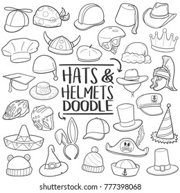 Hats & Helmets Accessories Traditional Doodle Icons Sketch Hand Made Design Vector.