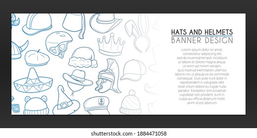 Hats and Helmets Banner Doodles. Head Clothes Background Hand drawn. Computer Web illustration. Decoration Vector Horizontal Design.