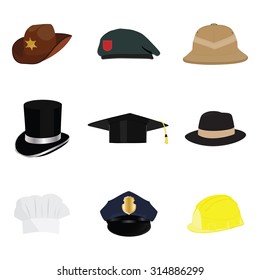 Hats and helmets collection, with policeman hat, sheriff hat, cowboy hat, work hat, top hat, graduation hat, fedora hat, safari hat, chef hat. Vector illustration cartoon. 