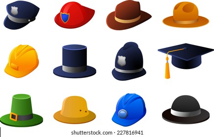 Hats and helmets collection, Vector illustration cartoon. 