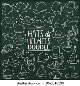 Hats and Helmets Doodle Line Icon Chalkboard Sketch Hand Made Vector Art