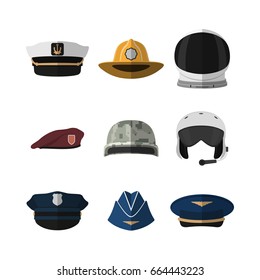 Hats and helmets. Headgear of soldier, aviator, policeman and captain. Icon of cap in flat style. Vector illustration