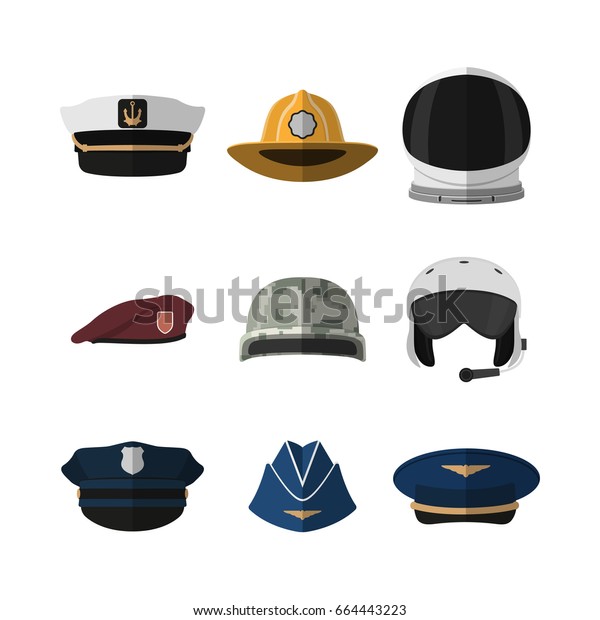 帽子とヘルメット 歩兵 飛行士 警官 船長のヘッドギア フラットスタイルのキャップのアイコン ベクターイラスト のベクター画像素材 ロイヤリティフリー