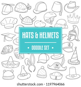 Hats and Helmets Traditional Doodle Icons Sketch Hand Made Design Vector