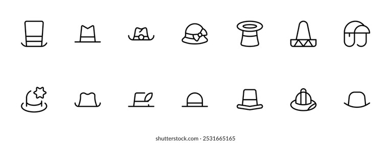 Icono de sombreros, gorra, conjunto de iconos de sombrero, trazo editable y conveniente para la página de Web, App móvil, UI, diseño de UX.