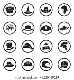 Hats Icons. Black Flat Design In Circle. Vector Illustration.
