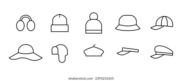 Juego de iconos de sombreros - beanie, gorra de béisbol, vizor de sol, boina, vaquero, cubo, iconos de línea de panama de verano, trazo editable aislado en blanco, ilustración lineal de contorno vectorial, símbolo 