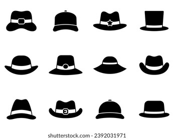 Hats icons set, female and male headwear, derby and cowboy, cap, panama and cylinder. Headdress collection in various model stylish, vintage and modern. Vector illustration.