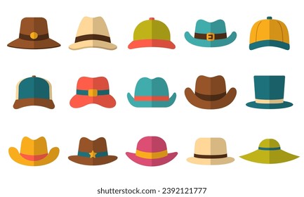 Hats icons set, female and male headwear, derby and cowboy, cap, panama and cylinder. Headdress collection flat style in various model stylish, vintage and modern. Vector illustration