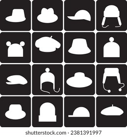 hats icons set on  black background