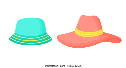 Hats isolated on a white background. Colored panama hat with stripes. Vector illustration. Great for summer design.