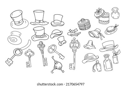 Hats keys different old vintage retro hatbox fairy tale Alice in Wonderland hand drawn sketch doodle set large separately on a white background black and white graphics coloring book