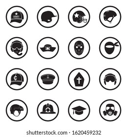 Hats And Masks Icons. Black Flat Design In Circle. Vector Illustration.