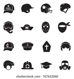 Hats And Masks Icons. Black Flat Design. Vector Illustration. 