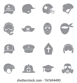 Hats And Masks Icons. Gray Flat Design. Vector Illustration. 