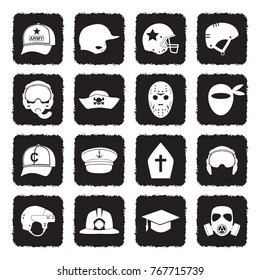 Hats And Masks Icons. Grunge Black Flat Design. Vector Illustration. 