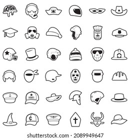 Hats And Masks Icons. Line With Fill Design. Vector Illustration.