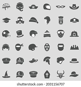 Hats And Masks Icons. Sticker Design. Vector Illustration.