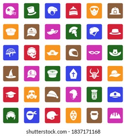 Hats And Masks Icons . White Flat Collection In Square. Vector Illustration.