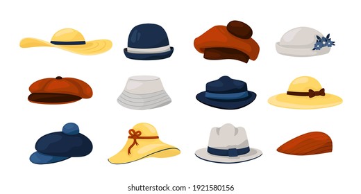 Hats. Men and women fashion vintage caps and panamas, classic ladies and gentlemen had wearing collection. Summer and autumn natural colors retro male and female accessory vector cartoon isolated set