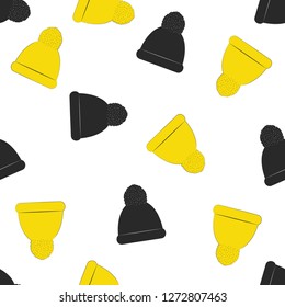 Hats pattern Vector illustration Seamless pattern with black and yellow winter hats on white background in cartoon style