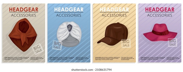 Juego de afiches de sombreros con cuatro composiciones verticales de texto editable e imágenes de varios diseños de ilustración vectorial de cabezales