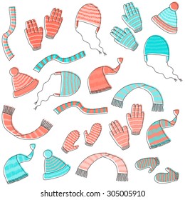 hats, scarves and mittens vector winter pattern