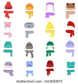 Hats and scarves of various shapes set. Winter clothes. Set hat and scarf in one style. isolated vector illustration