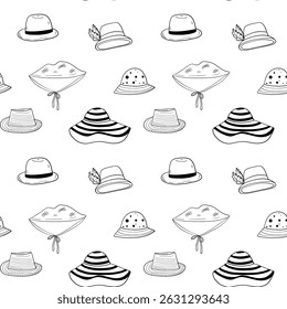 Hats, seamless pattern in art-line doodle hand drawn style, a collection of fun accessories for summer and fashion projects, for accessory brands, wrapping paper designs, textile pattern backgrounds
