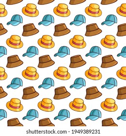 Hats seamless pattern. Baseball cap, bucket Hat, hat. Colored vector background for textile decoration, gift wrapping, souvenir products.