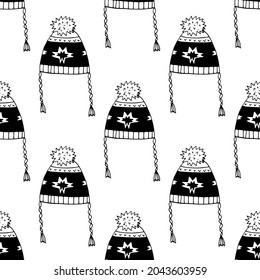 hats seamless pattern. hand drawn doodle. vector, scandinavian, nordic, minimalism, monochrome. textiles wrapping paper winter warm knitted clothes