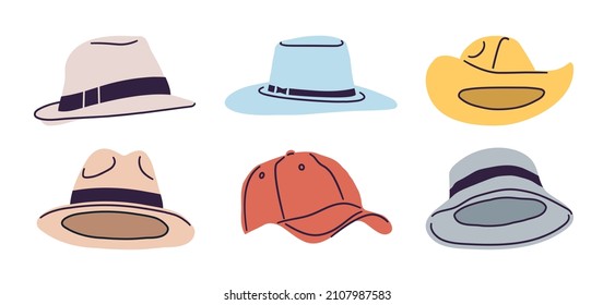 Hats set. Cap. A hat with a brim. Baseball cap. Vector illustration in a flat style.