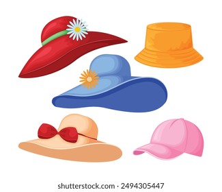 Hats. A set featuring summer men s and women s hats. Summer beach hats. A collection of hats. Vector illustration