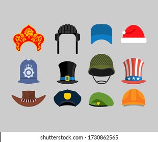 Hats set. Green beret and hat cylinder. Cowboy and policeman. Aristocrat and British sheriff. Statue of Liberty and Uncle Sam. Russian kokoshnik and building helmet