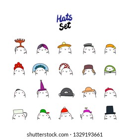 Hats set hand drawn illustration in cartoon minimalism types of different traditions and styles