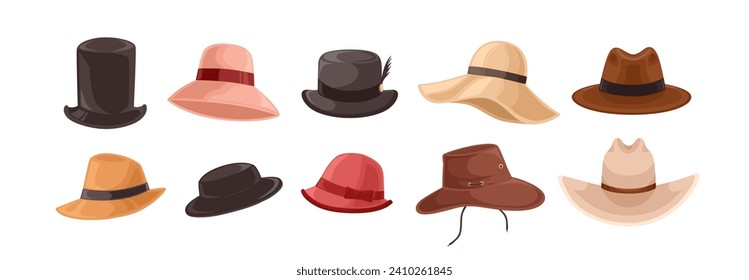 Sombrero puesto. Accesorios para la cabeza, vestidos en estilos clásicos, viejos, granjeros, de paja, vaqueros. Colección de paños para la cabeza masculinos y femeninos de diferente tipo. Ilustraciones vectoriales planas aisladas en fondo blanco