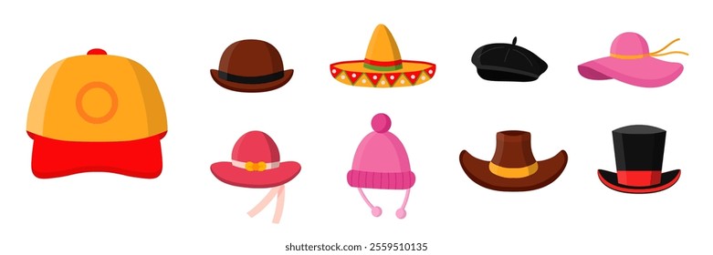 Hats set. Headdress flat vector illustrations. Men and women headwear shop. Fashionable wardrobe accessories. Baseball cap, sombrero, beret. Panama, cowboy hat, cylinder, bowler.