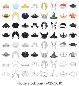 Hats set icons in cartoon style. Big collection of hats vector symbol stock illustration