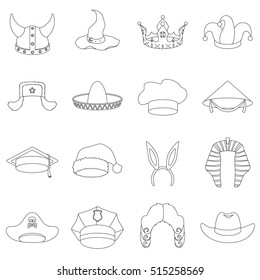 Hats set icons in outline style. Big collection of hats vector symbol stock illustration