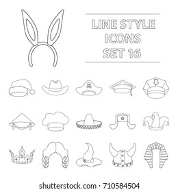 Hats set icons in outline style. Big collection of hats vector symbol stock illustration