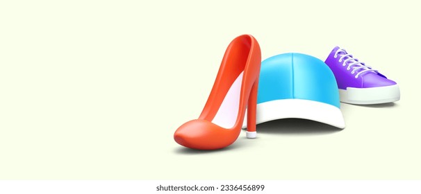Hats and shoes. Modern fashion accessories. Items for stylish look. Color template with 3D illustration. Casual, sports and classic style. Place for logo, text, promotional discount