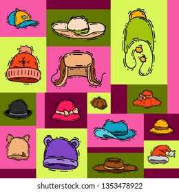 Hats shop market store vector illustration. Different clothing sale style cap cloth accessories poster. Seasonal headdress protection handmade advertisemen card. Modern head wear accessory.
