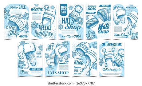 Hats Shop Winter Sale Advertise Banner Set Vector. Collection Of Different Creative Advertising Poster With Hats And Snowflakes. Woollen Cap Monochrome Designed In Vintage Style Illustrations